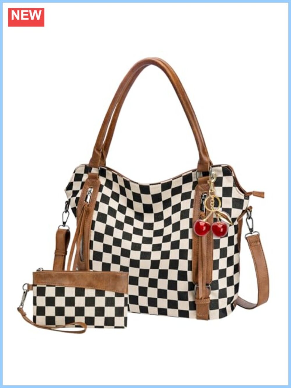 Faux Leather Canvas Checkered Crossbody Bag with Wallet Set
